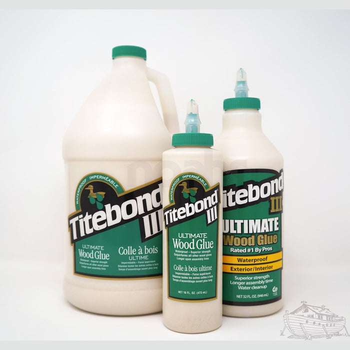 Three bottles of Titebond III Ultimate Wood Glue in various sizes
