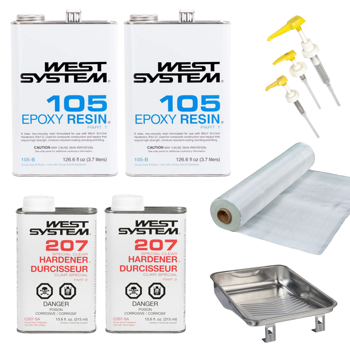 West System epoxy resin and hardener kit with accessories pumps, fiberglass and metal tray