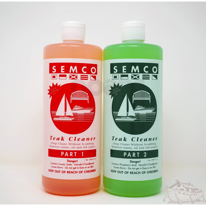 Two 1L containers of Semco Teak Cleaner side by side, a Part One and a Part Two
