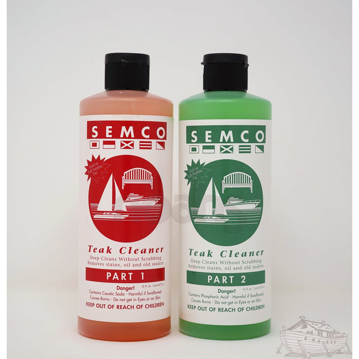 Two pint containers of Semco Teak Cleaner side by side, a Part One and a Part Two